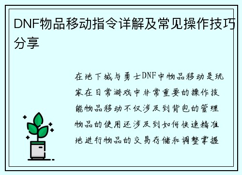 DNF物品移动指令详解及常见操作技巧分享