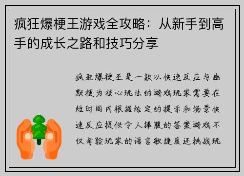 疯狂爆梗王游戏全攻略：从新手到高手的成长之路和技巧分享